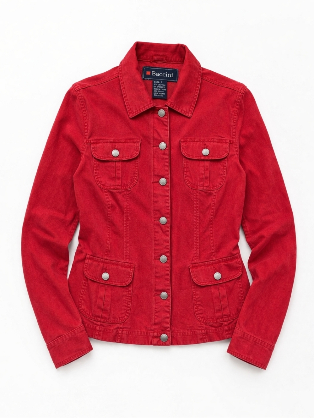 Baccini Red Denim Jacket Stretch Button Front Utility